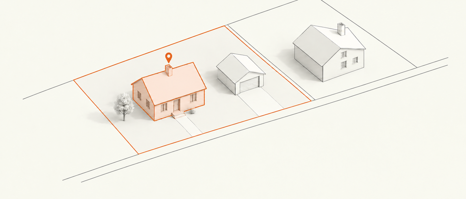 Structure sélectionnée et sa parcelle mises en évidence dans une vue 3D du voisinage.